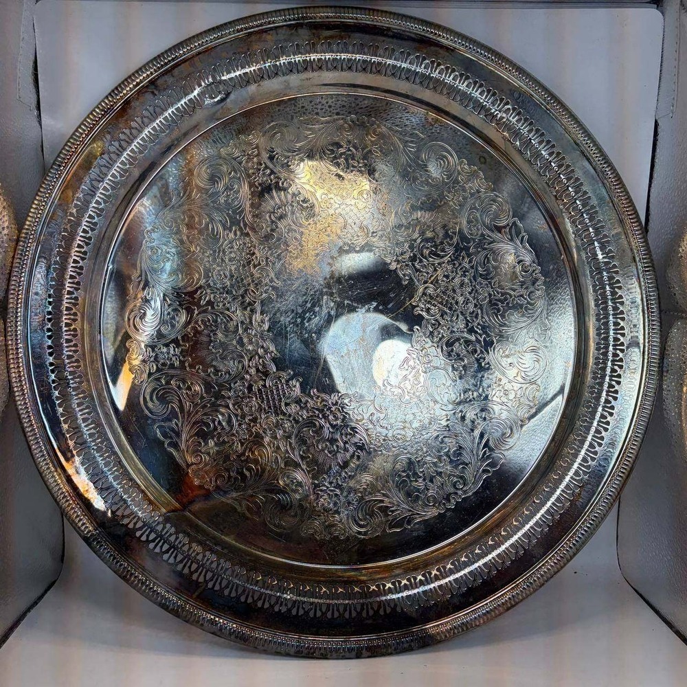 Vintage International Silver Co Round Etched Serving Tray Pierced Rim 12in